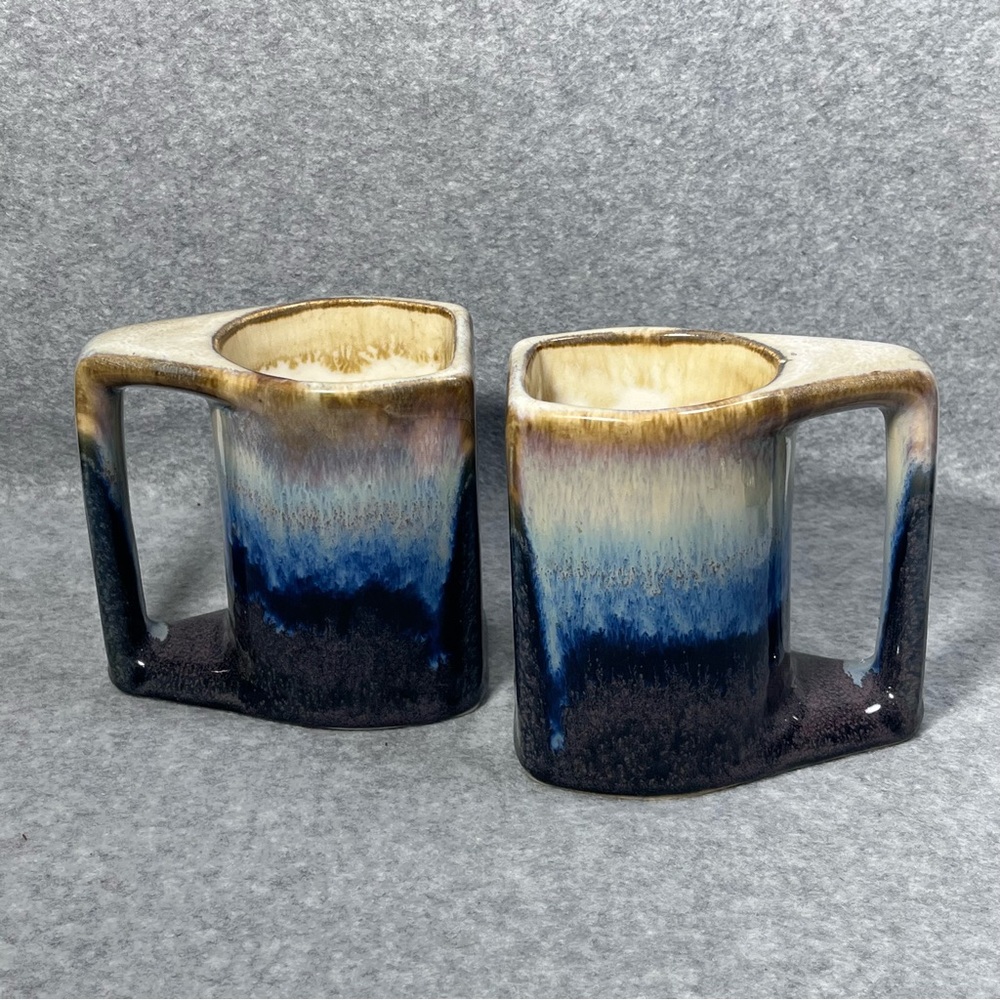 Rodolfo Padilla Coffee Mugs Mexico Set Of 2 Drip Glaze Vintage Blues‎ Tans Pair